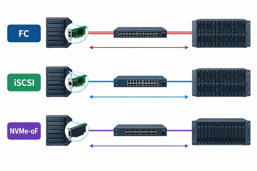 مقایسه مسیرهای Fibre Channel و iSCSI و NVMe-oF در شبکه SAN
