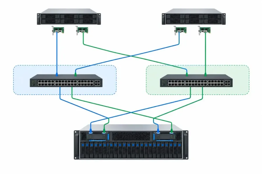 دیاگرام معماری SAN شامل سرورها، دو Fabric مستقل، SAN Switch و Storage Array