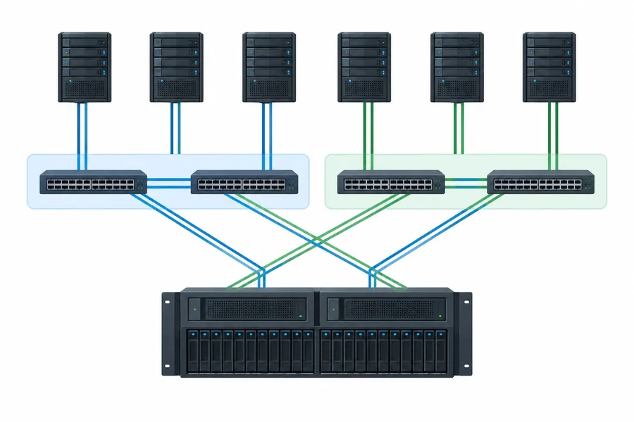 دیاگرام معماری شبکه SAN با سرورها، SAN Switch و Storage Array